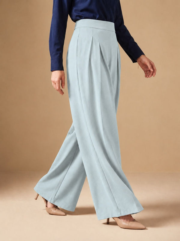 Istyle Can light grey solid polyester twill wide leg pleated trousers for women