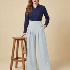 Istyle Can light grey solid polyester twill wide leg pleated trousers for women
