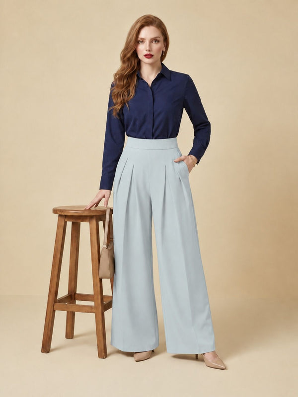 Istyle Can light grey solid polyester twill wide leg pleated trousers for women