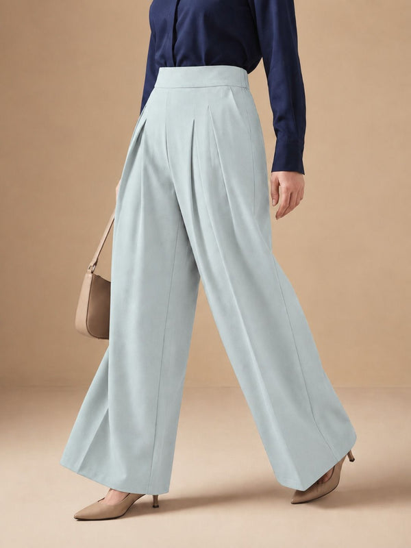 Istyle Can light grey solid polyester twill wide leg pleated trousers for women