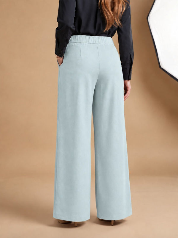 Istyle Can light grey solid polyester twill wide leg pleated trousers for women