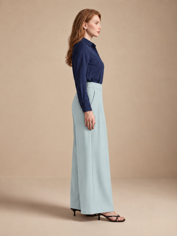 Istyle Can light grey solid polyester twill wide leg pleated trousers for women
