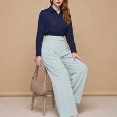 Istyle Can light grey solid polyester twill wide leg pleated trousers for women