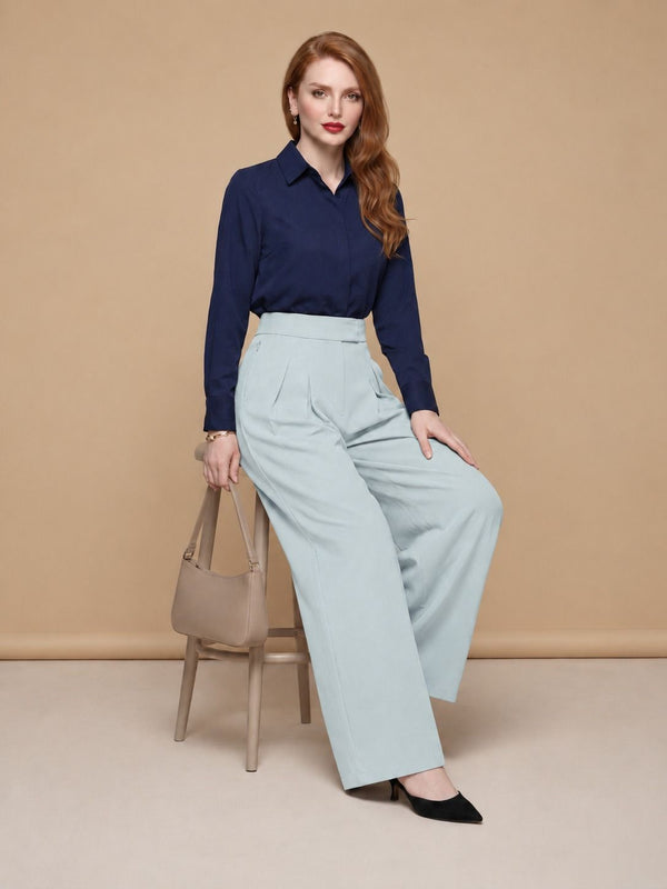 Istyle Can light grey solid polyester twill wide leg pleated trousers for women