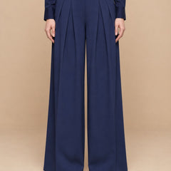 Istyle Can navy blue solid polyester twill wide leg pleated trousers for women