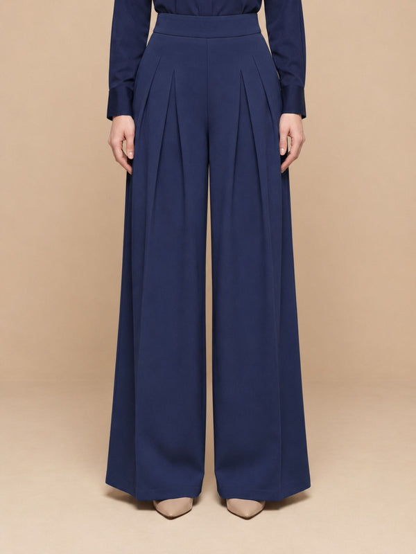 Istyle Can navy blue solid polyester twill wide leg pleated trousers for women