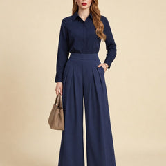 Istyle Can navy blue solid polyester twill wide leg pleated trousers for women