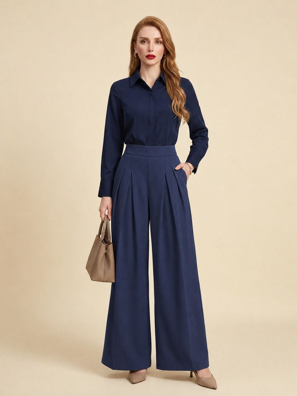 Istyle Can navy blue solid polyester twill wide leg pleated trousers for women