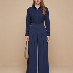 Istyle Can navy blue solid polyester twill wide leg pleated trousers for women