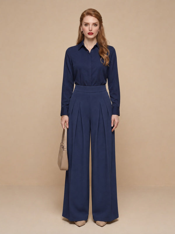 Istyle Can navy blue solid polyester twill wide leg pleated trousers for women