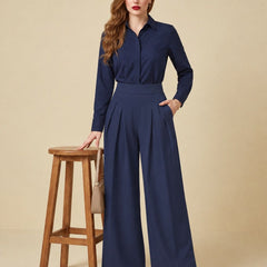 Istyle Can navy blue solid polyester twill wide leg pleated trousers for women