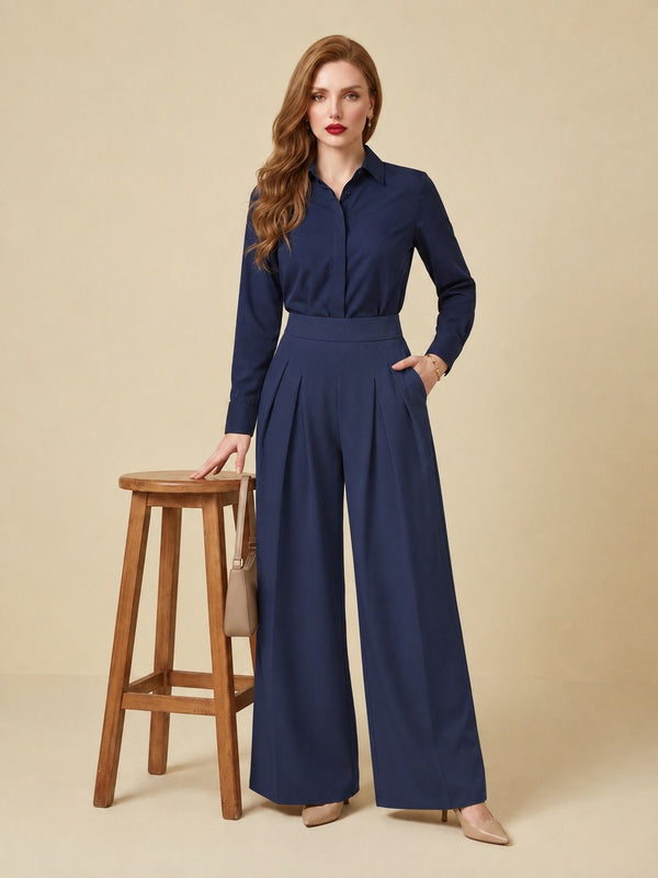 Istyle Can navy blue solid polyester twill wide leg pleated trousers for women