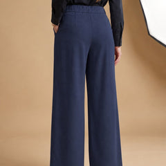 Istyle Can navy blue solid polyester twill wide leg pleated trousers for women