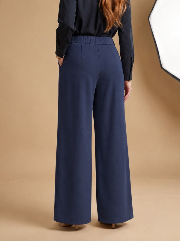 Istyle Can navy blue solid polyester twill wide leg pleated trousers for women