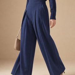 Istyle Can navy blue solid polyester twill wide leg pleated trousers for women
