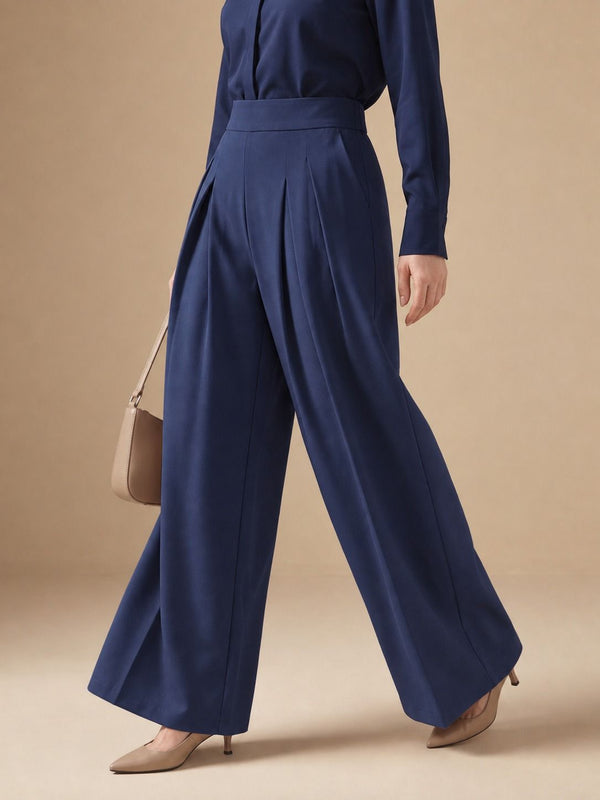 Istyle Can navy blue solid polyester twill wide leg pleated trousers for women