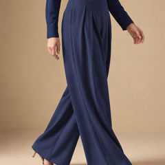 Istyle Can navy blue solid polyester twill wide leg pleated trousers for women