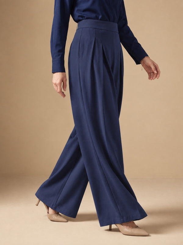 Istyle Can navy blue solid polyester twill wide leg pleated trousers for women