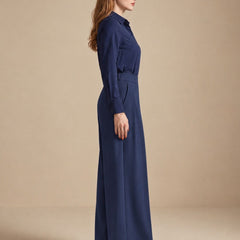 Istyle Can navy blue solid polyester twill wide leg pleated trousers for women