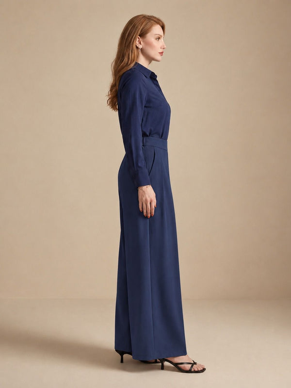 Istyle Can navy blue solid polyester twill wide leg pleated trousers for women