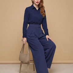 Istyle Can navy blue solid polyester twill wide leg pleated trousers for women