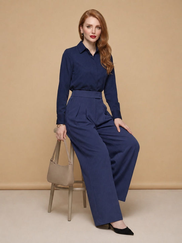 Istyle Can navy blue solid polyester twill wide leg pleated trousers for women