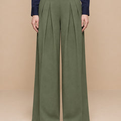 Istyle Can olive solid polyester twill wide leg pleated trousers for women