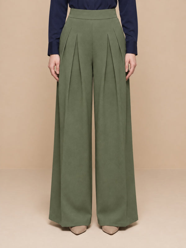 Istyle Can olive solid polyester twill wide leg pleated trousers for women