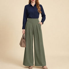 Istyle Can olive solid polyester twill wide leg pleated trousers for women