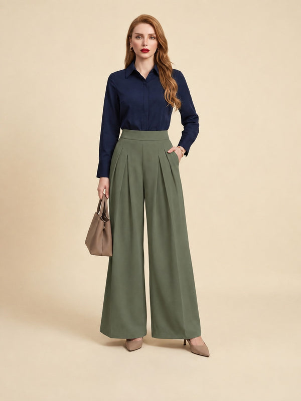Istyle Can olive solid polyester twill wide leg pleated trousers for women