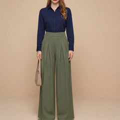 Istyle Can olive solid polyester twill wide leg pleated trousers for women
