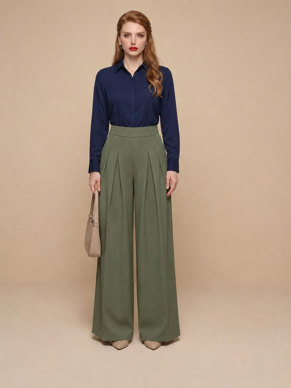 Istyle Can olive solid polyester twill wide leg pleated trousers for women