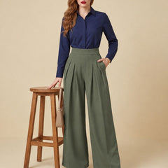 Istyle Can olive solid polyester twill wide leg pleated trousers for women