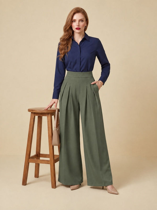 Istyle Can olive solid polyester twill wide leg pleated trousers for women