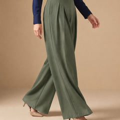 Istyle Can olive solid polyester twill wide leg pleated trousers for women