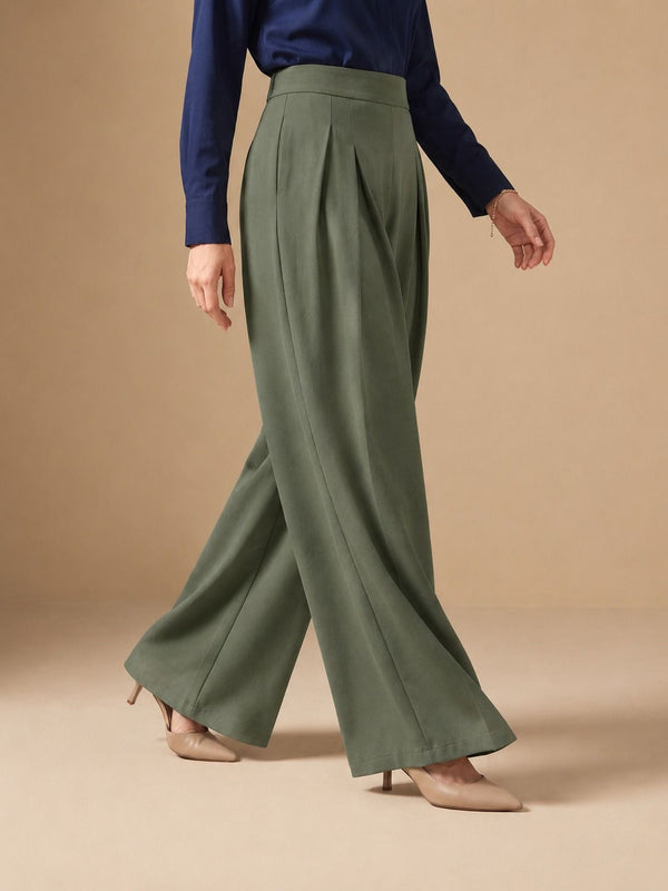 Istyle Can olive solid polyester twill wide leg pleated trousers for women