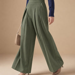 Istyle Can olive solid polyester twill wide leg pleated trousers for women