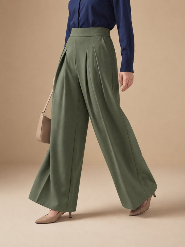 Istyle Can olive solid polyester twill wide leg pleated trousers for women
