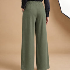 Istyle Can olive solid polyester twill wide leg pleated trousers for women