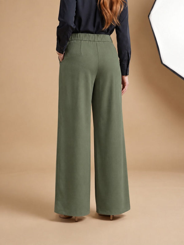 Istyle Can olive solid polyester twill wide leg pleated trousers for women