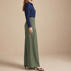 Istyle Can olive solid polyester twill wide leg pleated trousers for women
