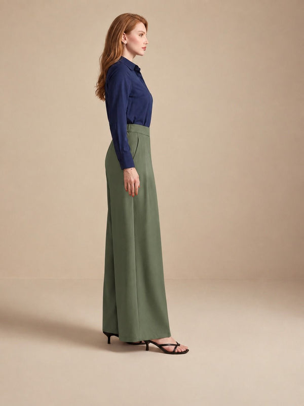 Istyle Can olive solid polyester twill wide leg pleated trousers for women