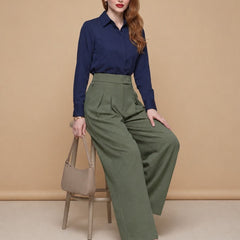 Istyle Can olive solid polyester twill wide leg pleated trousers for women
