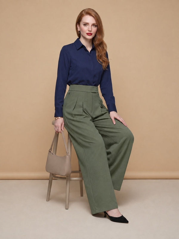 Istyle Can olive solid polyester twill wide leg pleated trousers for women