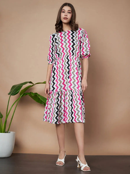Pink Zigzag Stripes Puff Sleeve Printed Fit & Flare Midi Dress with Round Neck, Short Sleeves, Gathered Details, and Flared Hemline