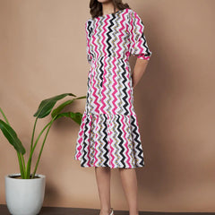 Pink Zigzag Stripes Puff Sleeve Printed Fit & Flare Midi Dress with Round Neck, Short Sleeves, Gathered Details, and Flared Hemline