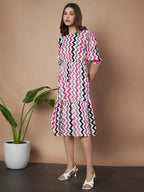 Pink Zigzag Stripes Puff Sleeve Printed Fit & Flare Midi Dress with Round Neck, Short Sleeves, Gathered Details, and Flared Hemline