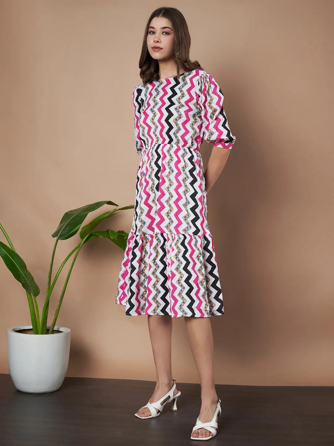 Pink Zigzag Stripes Puff Sleeve Printed Fit & Flare Midi Dress with Round Neck, Short Sleeves, Gathered Details, and Flared Hemline