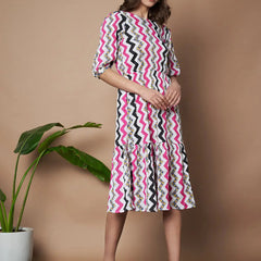 Pink Zigzag Stripes Puff Sleeve Printed Fit & Flare Midi Dress with Round Neck, Short Sleeves, Gathered Details, and Flared Hemline