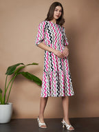 Pink Zigzag Stripes Puff Sleeve Printed Fit & Flare Midi Dress with Round Neck, Short Sleeves, Gathered Details, and Flared Hemline
